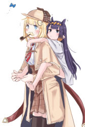  2girls age_difference aged_down aoi_(aoisaka) arms_around_neck bare_legs barefoot black_thighhighs blonde_hair blue_butterfly blue_eyes blush bob_cut bow brown_bow brown_capelet brown_coat brown_hat brown_skirt bug butterfly capelet carrying carrying_person child child_carry chinese_commentary closed_mouth coat commentary_request deerstalker diamond_(shape) diamond_hairband dress_shirt english_commentary expressionless fake_facial_hair fake_mustache gradient_hair hair_ornament hat hat_bow high-waist_skirt highres holding_another&#039;s_foot hololive hololive_english long_hair miniskirt mixed-language_commentary mouth_hold multicolored_hair multiple_girls necktie ninomae_ina&#039;nis no_pants notice_lines onee-loli open_clothes open_coat orange_hair oversized_clothes oversized_shirt piggyback pipe_in_mouth plaid_clothes plaid_skirt pleated_skirt pointy_ears purple_hair red_necktie shirt shirt_tucked_in short_hair short_sleeves sidelocks simple_background skirt smoking_pipe soles standing tentacle_hair thigh-highs toes two-tone_hair very_long_hair virtual_youtuber watson_amelia watson_amelia_(1st_costume) white_background white_shirt zettai_ryouiki 