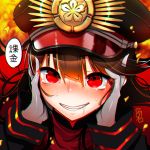  1girl alcoholrang black_hair demon_archer fate/grand_order fate_(series) gloves grin hat koha-ace long_hair military military_uniform red_eyes saliva shako_cap smile solo tears uniform upper_body 