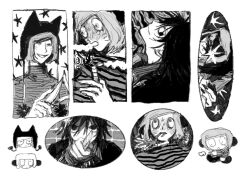  3boys animal_ears animal_hat beanie blush boxcutter cat_hat cigarette commentary_request denpa_shougai drugs facial_mark fake_animal_ears fingernails full-face_blush greyscale hat highres holding holding_boxcutter holding_cigarette holding_knife knife looking_at_viewer male_focus marijuana monochrome multiple_boys multiple_views nyen_(randal&#039;s_friends) nyon_(randal&#039;s_friends) pom_pom_(clothes) pom_pom_beanie randal&#039;s_friends sharp_fingernails shirt short_hair simple_background smoking stoned striped_clothes striped_shirt striped_sweater sweater tsukada_satoru turtleneck turtleneck_sweater whisker_markings white_background 