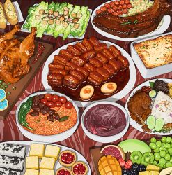  blueberry casserole charcuterie cheese chopped_spring_onion cracker crouton dessert egg_yolk fish_(food) food food_focus food_request fruit garlic_bread garnish lettuce meat metrichef no_humans on_food original plate sauce softboiled_egg soup still_life strawberry strawberry_slice tomato tomato_slice whipped_cream 