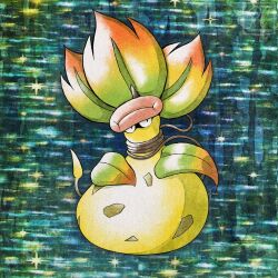  black_eyes closed_mouth colored_skin commentary english_commentary full_body highres leaf mega_pokemon mega_victreebel no_humans parody pink_lips plant plant_monster pokemon pokemon_(creature) pokemon_focus pokemon_legends:_z-a rcortezdraws smile solo spotted_skin style_parody victreebel vines yellow_skin 