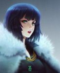  1girl blue_hair coat eyebrows fubuki_(onepunch_man) fur_collar green_eyes highres lips looking_at_viewer onepunch_man parted_lips paul_kwon short_hair solo 