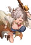  1girl blush bouncing_breasts bracelet breasts cleavage doraf granblue_fantasy gun horns jewelry kumuyu large_breasts long_hair low_twintails silver_hair skirt skirt_lift solo tears trigger_discipline twintails weapon yellow_eyes zakki_(1039) 