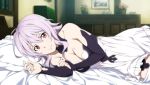  1girl bed breasts cleavage detached_sleeves dress game_cg indoors looking_at_viewer lying mole mole_on_breast official_art on_side pillow purple_hair red_eyes smile solo strea sword_art_online sword_art_online:_hollow_fragment white_dress 