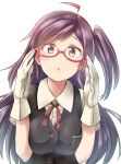  1girl ahoge bespectacled brown_eyes glasses gloves hagikaze_(kantai_collection) highres kamelie kantai_collection long_hair open_mouth purple_hair school_uniform side_ponytail solo vest 