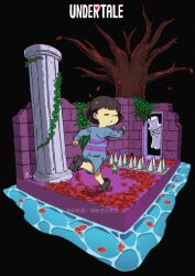  2024 2d 2others ambiguous_gender anime_coloring artist_logo artist_name black_background blue_romper brick_wall brown_hair brown_shoes child copyright_name digital_media door double_horizontal_stripe frisk_(undertale) ghost horizontal-striped_clothes human isometric kamezaemon leaf multiple_others napstablook other_focus pillar pink_stripes romper running shoes short_hair shorts simple_background spikes striped_clothes striped_romper text two-tone_romper undertale utdr_(toby_fox) wall water 