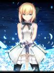  1girl bare_arms black_legwear blonde_hair bow breasts dress fate/stay_night fate_(series) green_eyes hair_bow hand_on_hilt highres magicians_(zhkahogigzkh) pantyhose petals ribbon saber saber_lily smile solo sword weapon 