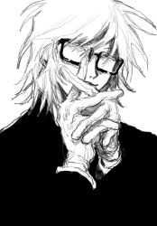  1boy commentary_request denpa_shougai glasses gloves greyscale hands_up highres looking_at_viewer male_focus monochrome own_hands_clasped own_hands_together randal&#039;s_friends randal_ivory short_hair simple_background solo squinting upper_body white_background 