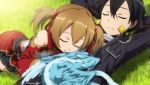  1boy 1girl arms_behind_head black_hair black_skirt closed_eyes dragon game_cg hair_ornament kirito outdoors pina_(sao) pleated_skirt short_twintails silica skirt sleeping sleeping_on_person sword_art_online sword_art_online:_hollow_fragment twintails 