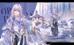  1boy absurdres arm_at_side bishounen black_border black_hakama blue_jacket border chinese_commentary closed_mouth dragon_raja_(jiang_nan) floral_print floral_print_jacket full_body hair_between_eyes hakama hand_up haori highres holding holding_smoking_pipe jacket japanese_clothes jiao_wo_longlong_ba_qiu_ni_le kimono kiseru letterboxed light_smile lips long_hair long_sleeves looking_at_viewer male_focus minamoto_chime open_clothes open_jacket outside_border rock sandals sash single_off_shoulder smoking_pipe snow socks solo standing stone_lantern tabi tassel tree violet_eyes waist_sash watermark weibo_watermark well white_hair white_kimono white_sash white_socks zoom_layer zouri 
