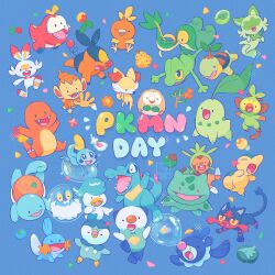  berry_(pokemon) blue_background branch bubble bulbasaur charmander cheri_berry chespin chikorita chimchar commentary_request cyndaquil evolution_stone feathers fennekin fire flame-tipped_tail froakie fuecoco grookey happy heart_scale highres kinokorin leaf_stone litten mixed-language_commentary mudkip open_mouth oran_berry oshawott piplup pokemon pokemon_(creature) pokemon_day popplio quaxly rowlet scorbunny simple_background sitrus_berry smile snivy sobble solid_oval_eyes sprigatito squirtle starter_pokemon_trio tail tepig torchic totodile treecko turtwig 