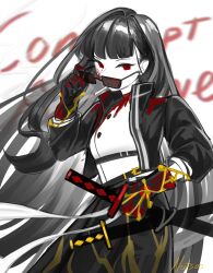  1girl absurdres black_coat black_gloves black_hair blood blood_on_clothes blood_on_face blood_on_gloves cigarette coat contempt_awe_(e.g.o) e.g.o_(project_moon) gloves highres holding holding_sword holding_weapon limbus_company long_hair long_sleeves looking_at_viewer natsoo_(natsoomeee) project_moon red-tinted_eyewear red_eyes ryoshu_(project_moon) shirt simple_background solo standing sunglasses sword tinted_eyewear upper_body weapon white_background white_shirt 