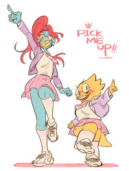  2016 2d 2girls alphys alternate_costume anthro arm_up artist_name blue_skin buck_teeth collared_jacket colored_sclera colored_shadow colored_skin digital_media dinosaur dinosaur_girl duo ear_fins english_text eyepatch female female_only fins fish fish_girl glasses grin head_fins height_difference high_ponytail jacket kneehighs lizard lizard_girl lizard_tail long_hair monster monster_girl multiple_girls necktie open_mouth pink_skirt pointing pointing_up ponytail purple_jacket red_hair reptile reptile_girl reptile_tail scalie school_uniform sharp_teeth shirt side-by-side simple_background skirt slit_pupils smile sneakers socks standing standing_on_one_leg tail teeth text undertale undyne uniform utdr_(toby_fox) white_background white_eyepatch white_shirt white_shoes white_socks yellow_sclera yellow_skin yellow_teeth yourmobi 