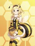  1girl antennae bee_costume blonde_hair blue_eyes blush breasts chiwino cleavage detached_sleeves hairband honey looking_at_viewer navel panties patterned_background pretty_rhythm pretty_rhythm_rainbow_live revision smile solo striped striped_panties takanashi_otoha thigh-highs underwear wings yellow 