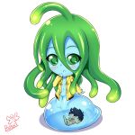  1boy 1girl ahoge asphyxiation black_hair blue_skin butter-t chibi drowning full_body goo_girl green_eyes green_hair kurusu_kimihito long_hair monster_girl monster_musume_no_iru_nichijou navel raincoat shadow short_hair signature simple_background suu_(monster_musume) tentacle_hair white_background 