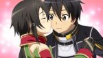  1boy 1girl asada_shino black_eyes black_hair cheek_kiss closed_eyes game_cg kirito kiss shinon_(sao:hf) sword_art_online sword_art_online:_hollow_fragment 