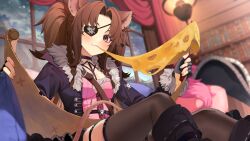  1girl absurdres animal_ears belt black_boots black_gloves black_hat black_thighhighs book bookshelf boots breasts brown_belt brown_hair closed_mouth commentary_request commission eating eyepatch fingerless_gloves food fur-trimmed_jacket fur_trim gloves hat highres hiiragi_mikoto holding holding_map indie_virtual_youtuber indoors jacket kyoharu_(vtuber) long_hair long_sleeves looking_at_viewer map medium_breasts mouse_ears mouse_girl open_clothes open_jacket pirate_hat purple_jacket skeb_commission skull_and_crossbones solo thigh-highs two_side_up violet_eyes virtual_youtuber window 