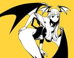  1girl 1zu3 bangs bare_shoulders bat_wings bent_over blunt_bangs breasts cleavage collaboration demon_girl demon_wings hand_on_own_ass hanging_breasts head_wings high_contrast large_breasts leotard long_hair monochrome morrigan_aensland pantyhose pointy_ears simple_background solo succubus thick_thighs thighs vampire_(game) wings yellow_background 