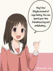  1girl :d azumanga_daioh azumanga_daioh's_school_uniform brown_eyes brown_hair english_commentary highres kasuga_ayumu long_hair looking_at_viewer naoyuki_arts pink_background pink_shirt pointing_with_thumb sailor_collar school_uniform shirt smile speech_bubble striped_sleeve_cuffs twitter_username two-tone_background white_background white_sailor_collar white_sleeve_cuffs 