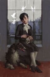  1boy animal bird black_dog black_eyes black_shirt ciel_phantomhive dove ecler_ecler eyepatch forest frills full_body furrification furry hand_on_own_stomach head_tilt highres holding holding_skull kuroshitsuji looking_at_viewer nature painterly sebastian_michaelis shirt sitting skull socks white_socks window windowsill 