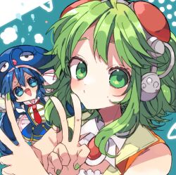  2girls :d bare_shoulders blue_background blue_eyes blue_hair blue_hat blue_shirt closed_mouth commentary_request double-parted_bangs eel_hat goggles goggles_on_head green_eyes green_hair gumi hair_between_eyes hat kaho_0102 looking_at_viewer lowres multiple_girls necktie open_mouth orange_shirt otomachi_una red-tinted_eyewear red_necktie shirt short_hair sleeveless sleeveless_shirt smile tinted_eyewear upper_body vocaloid 