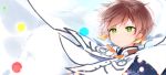  1boy brown_hair cloak earrings edna_(tales) feathers green_eyes highres jewelry lailah_(tales) male_focus mikleo_(tales) name_(oiuio) short_hair smile solo sorey_(tales) tales_of_(series) tales_of_zestiria zavied_(tales) 