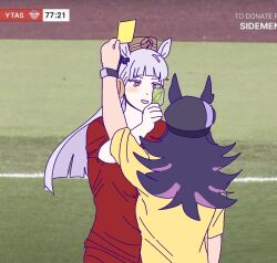  2girls animal_ears blunt_bangs bow brown_hat card cynthia_(uuzz5324) dress ear_bow ear_covers ear_ribbon ears_through_headwear fenomeno_(umamusume) flipped_hair gold_ship_(umamusume) hat horse_ears horse_girl max_fosh max_fosh_pulls_uno_reverse_card_on_referee_(meme) meme multiple_girls peaked_cap pillbox_hat purple_bow red_dress stay_gold_clan_(umamusume) striped_hat umamusume uno_(game) uno_reverse_card 