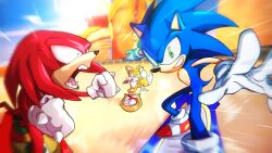 3boys anger_vein clenched_hands green_eyes highres hoverboard knuckles_the_echidna male_focus motion_lines multiple_boys open_mouth reksarts shouting smirk sonic_(series) sonic_racing:_crossworlds sonic_riders sonic_riders_(series) sonic_the_hedgehog speed_lines tails_(sonic)