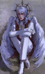  1boy brown_eyes cross crossed_ankles crossed_arms curled_up ecler_ecler elbows_on_knees feathered_wings full_body gloves hair_over_shoulder halo halo_behind_head highres honkai:_star_rail honkai_(series) male_focus red_vest shirt short_hair sitting solo spiked_halo sunday_(honkai:_star_rail) vest white_gloves white_hair white_shirt white_wings wings 