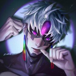  1boy blurry blurry_background collarbone dandadan earrings english_commentary enjoji_jin evil_eye_(dandadan) finger_to_mouth glowing glowing_eyes highres jewelry lips looking_at_viewer male_focus portrait short_hair solo sparkle straight-on third_eye topless_male upper_body violet_eyes white_hair zureiil 