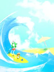  1other 2017 2boys 2d alternate_costume ambiguous_gender barefoot beach blue_sky brothers brown_hair child collared_shirt day delomia digital_media frisk_(undertale) green_shirt hat heart height_difference hollow_eyes human humanoid jacket male monster monster_boy multiple_boys ocean open_clothes open_shirt orange_shorts outdoors papyrus_(undertale) ribs sand sans_(undertale) scenery shirt short_hair siblings skeleton sky sparkle surfboard surfing teeth trio umbrella undead undertale utdr_(toby_fox) water waves white_shirt wide_shot 