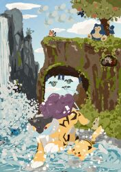  absurdres animal_focus apple bat_(animal) beak bird blue_sky braviary bush claws cliff closed_mouth clouds dedenne dragonair fangs flying food fruit heart heart-shaped_pupils heracross highres hitmontop horns joltik munchlax no_humans open_mouth outdoors pikachu pink_eyes pokemon pokemon_(creature) pokemon_focus poliwag raikou red_eyes rufflet shroomish single_horn sky smile snorlax swablu symbol-shaped_pupils tail tree upside-down water waterfall wings woobat zozozoshion zubat 