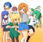  1boy 3boys 6+girls blonde_hair blue_hair chie_rumiko curry eating food furude_rika highres higurashi_no_naku_koro_ni houjou_satoko maebara_keiichi multiple_boys multiple_girls pantyhose rato ryuuguu_rena sailor_dress school_uniform serafuku siblings sisters skirt socks sonozaki_mion sonozaki_shion teacher twins 