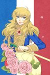  1girl absurdres blonde_hair blue_eyes brooch epaulettes flower french_flag highres holding jewelry long_hair long_sleeves military military_uniform open_mouth oscar_francois_de_jarjayes petals pink_rose popi rapier rose solo sword uniform versailles_no_bara weapon 
