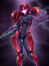  1girl arm_cannon armor artist_name assault_visor canadiananiguy full_armor highres metroid metroid_prime_4:_beyond power_armor power_suit_(metroid) purple_visor red_armor samus_aran two-tone_armor vi-o-la_suit weapon 