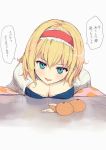  1girl alice_margatroid blonde_hair blue_eyes blush breast_press breasts capelet cleavage culter food fruit hairband jpeg_artifacts looking_at_viewer open_mouth orange short_hair simple_background sitting smile solo speech_bubble table text touhou translated twitter_username white_background 