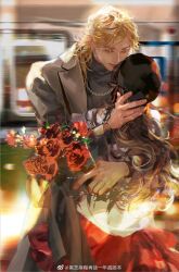  1boy 1girl beret black_hair black_hat black_shirt blonde_hair blurry blurry_background bouquet cardigan chain chain_necklace closed_eyes closed_mouth coat commentary couple cowboy_shot facing_away flower grey_coat hand_in_another&#039;s_hair hat hei_zhimahu height_difference heroine_(lovebrush_chronicles) hetero holding holding_bouquet hug jewelry lapels lars_rorschach lips long_hair long_sleeves lovebrush_chronicles medium_hair motion_blur necklace notched_lapels notice_lines open_clothes open_coat parted_bangs red_flower red_rose red_skirt rose shirt skirt smile standing symbol-only_commentary train train_station turtleneck turtleneck_shirt watermark weibo_watermark white_cardigan 