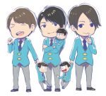  6+boys :&gt; artist_request bangs black_hair brothers brown_hair choromatsu choromatsu_(cosplay) clenched_hands closed_eyes crossed_arms formal fukuyama_jun heart heart_in_mouth ichimatsu ichimatsu_(cosplay) index_finger_raised jitome jyushimatsu jyushimatsu_(cosplay) kamiya_hiroshi messy_hair miniboy multiple_boys necktie ono_daisuke osomatsu-kun osomatsu-san real_life seiyuu seiyuu_connection siblings simple_background studio_pierrot suit swept_bangs white_background 