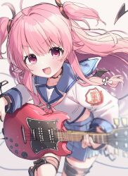  1girl :d ahoge angel_beats! belt black_choker black_ribbon blue_sailor_collar blue_skirt blush choker commentary_request cowboy_shot cross cross_hair_ornament demon_tail electric_guitar fang gibson_sg guitar hair_ornament hair_ribbon highres holding holding_guitar holding_instrument instrument ksk_(semicha_keisuke) latin_cross long_hair long_sleeves looking_at_viewer miniskirt open_mouth pink_eyes pink_hair pleated_skirt ribbon sailor_collar school_uniform serafuku shinda_sekai_sensen_uniform shirt skirt smile solo standing standing_on_one_leg tail thigh_belt thigh_strap two_side_up very_long_hair white_background white_shirt yui_(angel_beats!) 