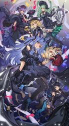  5girls absurdres animal_ears arknights ave_mujica_(bang_dream!) bang_dream! bang_dream!_it&#039;s_mygo!!!!! black_bonnet black_dress black_gloves black_hair black_hat black_horns black_pantyhose black_ribbon blonde_hair blue_hair bonnet boots broken_mirror cat_ears cat_girl chain chinese_commentary closed_mouth commentary_request curled_horns demon_tail detached_collar dog_ears dog_girl doll dress floating glass_shards gloves gothic_lolita green_hair hair_ribbon hat high_heel_boots high_heels highres horns koua_(201409) lolita_fashion long_hair long_sleeves looking_at_viewer mirror misumi_uika misumi_uika_(caged_singer) multiple_girls musical_note open_mouth pantyhose purple_hair rabbit_ears rabbit_girl red_dress ribbon short_hair sidelocks smile tail tail_ornament tail_ring togawa_sakiko togawa_sakiko&#039;s_doll togawa_sakiko_(master_of_melodia) two_side_up violet_eyes wakaba_mutsumi wakaba_mutsumi_(marionette&#039;s_id) yahata_umiri yahata_umiri_(moonlight_executioner) yellow_eyes yuutenji_nyamu yuutenji_nyamu_(magician_of_passion) 