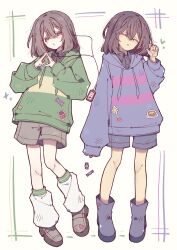  2others black_shirt blue_boots blue_hoodie boots brown_hair candy chara_(undertale) closed_eyes collared_shirt commentary_request digital_media_player double_horizontal_stripe earphones food frisk_(undertale) green_hoodie heart highres hood hoodie leg_warmers medium_hair multiple_others okura_0915 other_focus puckered_lips shirt single_horizontal_stripe steepled_fingers sticker striped_clothes striped_hoodie undertale utdr_(toby_fox) white_leg_warmers 