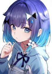  1girl absurdres adjusting_hair aqua_hair black_choker blue_eyes blue_hair blue_hoodie blurry blurry_foreground choker drawstring flower gradient_hair hair_flaps hair_flower hair_ornament highres hood hoodie multicolored_hair overalls pikao short_hair simple_background solo tied_drawstring tsumugi_kokage virtual_youtuber vspo! water_drop_hair_ornament white_background white_overalls 
