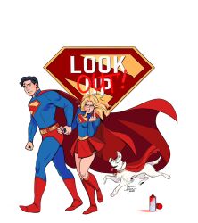  1boy 1girl black_hair blonde_hair blue_bodysuit blue_eyes blue_shirt bodysuit boots cape dc_comics dog highres janepicaart krypto_the_superdog long_hair looking_at_viewer male_underwear middle_finger red_boots red_cape red_male_underwear red_skirt shirt short_hair signature simple_background skirt spray_paint supergirl superman superman_(series) superman_logo underwear white_background white_dog 