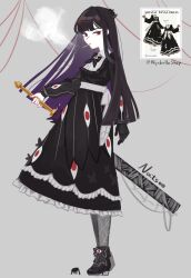  1girl alternate_costume black_bow black_bowtie black_dress black_gloves black_hair black_shoes bow bowtie bug cigarette dress e.g.o_(project_moon) eye_print full_body gloves grey_background grey_pantyhose highres holding holding_weapon limbus_company long_hair long_sleeves looking_at_viewer natsoo_(natsoomeee) pantyhose project_moon red_eyes red_eyes_(e.g.o) ryoshu_(project_moon) sash shoes silk simple_background smoking solo spider spider_web standing weapon white_sash 