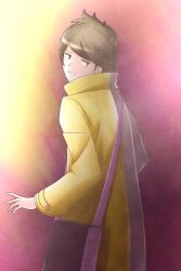  1boy brown_coat brown_eyes brown_hair clenched_teeth coat gamon_yuuta long_sleeves looking_back looking_bag male_focus multicolored_coat occultic;nine science_adventure short_hair solo taba_neruko teeth yellow_coat 