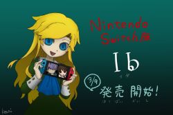  ascot blonde_hair blue_ascot blue_eyes brown_hair closed_mouth curious dot_nose dress garry_(ib) green_background green_dress handheld_game_console happy holding holding_handheld_game_console ib_(ib) ib_(kouri) joy-con kouri_(monomu_kouri) long_hair looking_at_viewer looking_to_the_side mary_(ib) nervous nintendo_switch open_mouth purple_hair red_eyes signature smile sweatdrop translated wavy_mouth 