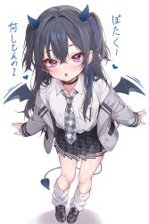  1girl absurdres amaki_daisuke black_hair black_skirt blue_hair blush collar collared_shirt demon_tail demon_wings earrings fang grey_jacket grey_necktie heart highres houndstooth ichinose_uruha jacket jewelry long_hair long_sleeves looking_at_viewer necktie open_mouth pleated_skirt school_uniform shirt simple_background skirt solo symbol-shaped_pupils tail two_side_up violet_eyes virtual_youtuber vspo! white_background white_shirt wings 