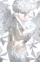  1boy abs angel angel_wings feathered_wings grey_eyes halo lifting_own_clothes male_focus mi8pq original pointy_ears shirt white_background white_hair white_shirt white_wings wings 