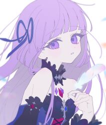  1girl aikatsu! aikatsu!_(series) bare_shoulders black_collar blue_dress blue_ribbon blunt_bangs collar detached_collar dot_nose dress feathers floating_hair from_side hair_ribbon hand_up highres hikami_sumire holding holding_feather idol idol_clothes light_blush long_hair looking_to_the_side parted_lips purple_hair ribbon straight_hair strapless strapless_dress upper_body violet_eyes white_background yaiyaiko 
