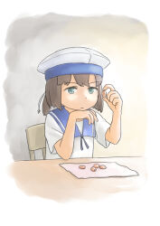  1girl black_hair blue_eyes blue_sailor_collar bob_cut chair daitou_(kancolle) dress hand_on_own_chin hat kantai_collection ponytail sailor_collar sailor_dress sailor_hat seen short_hair short_ponytail short_sleeves solo taruya upper_body white_dress white_hat 